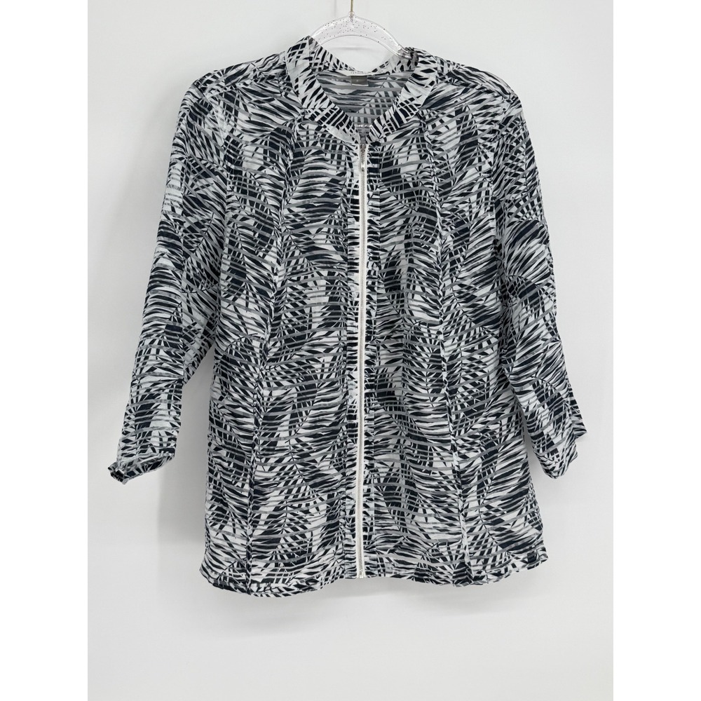 CJ Banks Womens Sz 1X Tropical Palm Leaf Zip Up Jacket Black White 3/4 Sleeve
